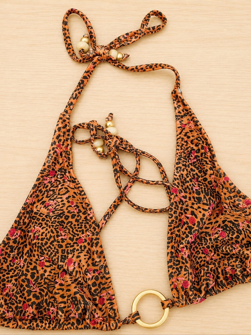 Kulani Kinis Wild Rose Ring Triangle String Bikini Top Leopard Print 2XL NWOT